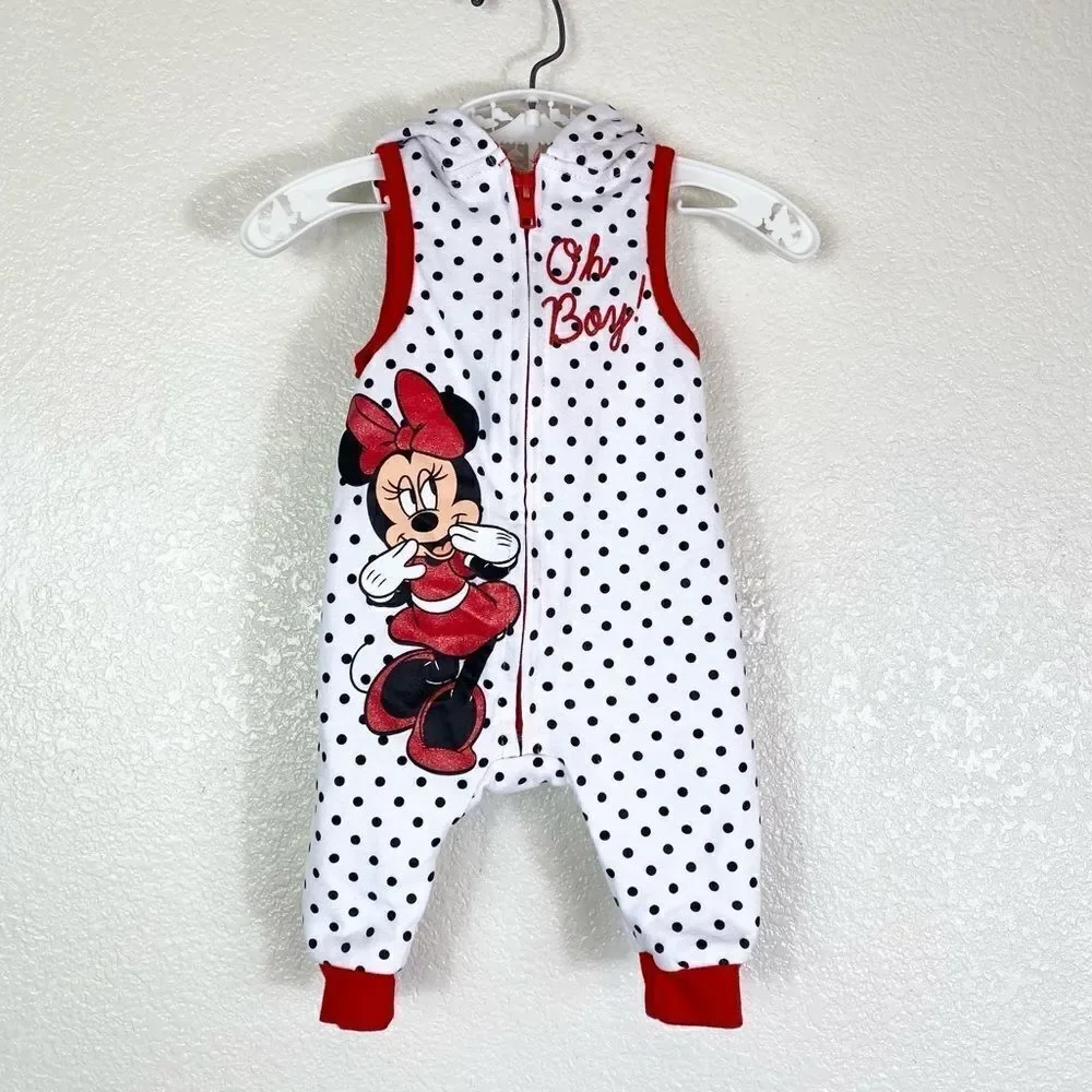 0-3M Disney Baby Minnie Mouse White Polka Dot Hooded Sleeveless Onesie